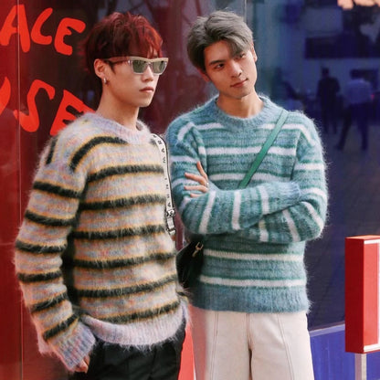 Korean Fashion Striped Patchwork Mohair Knitted Sweaters Retro Mens Oversized Knitwears Y2k Harajuku Female Round Neck Sweaters Street King Limited