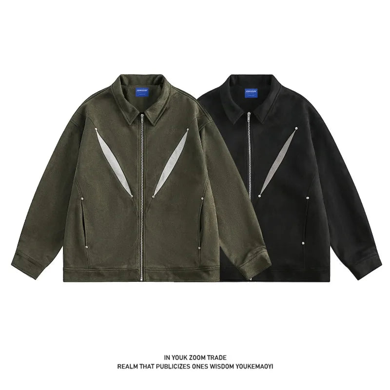 army green faux suede heavyweight jackets american street vintage outdoor jacket zipper lapel casual coats for men menswear bottoms