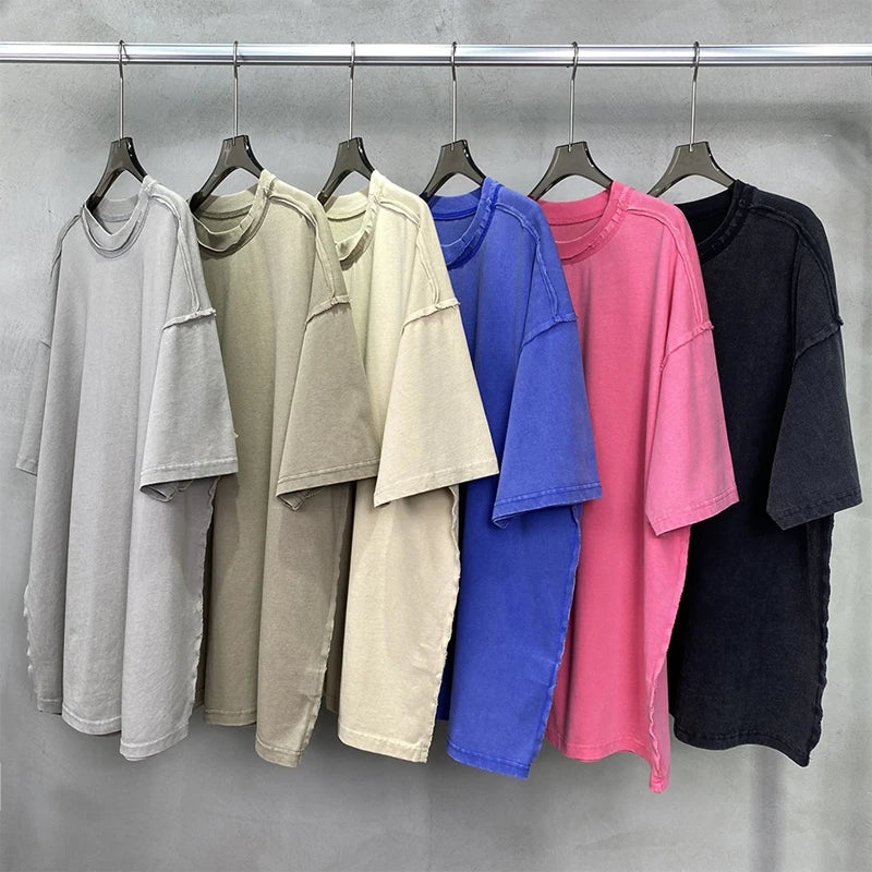 2024 Summer New Washed Oversized Tshirt Worn Out Retro Distressed Tee Raw Edge Men's Cotton Short Sleeved Tie Dyeing T-shirt Street King Limited