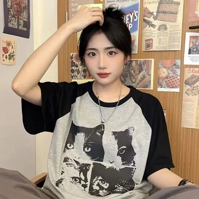 2024 Summer Cute Cat Print T shirt Fashion Y2K Loose personality Fresh Retro Simple Harajuku kawaii clothes Short Sleeve Top Street King Limited