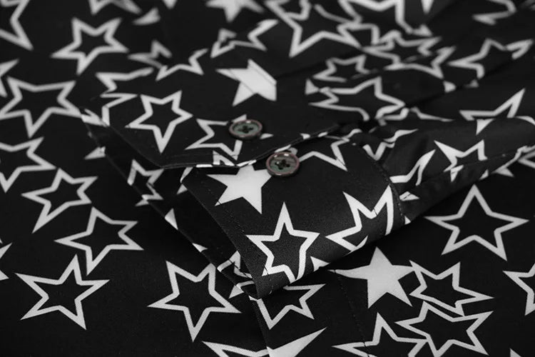 New 2022 Men 3D luxurious Classic Black White Star Print Fashion Silk Casual Shirts Shirt high Pocket Long-sleeves S 2XL #D276 Street King Limited