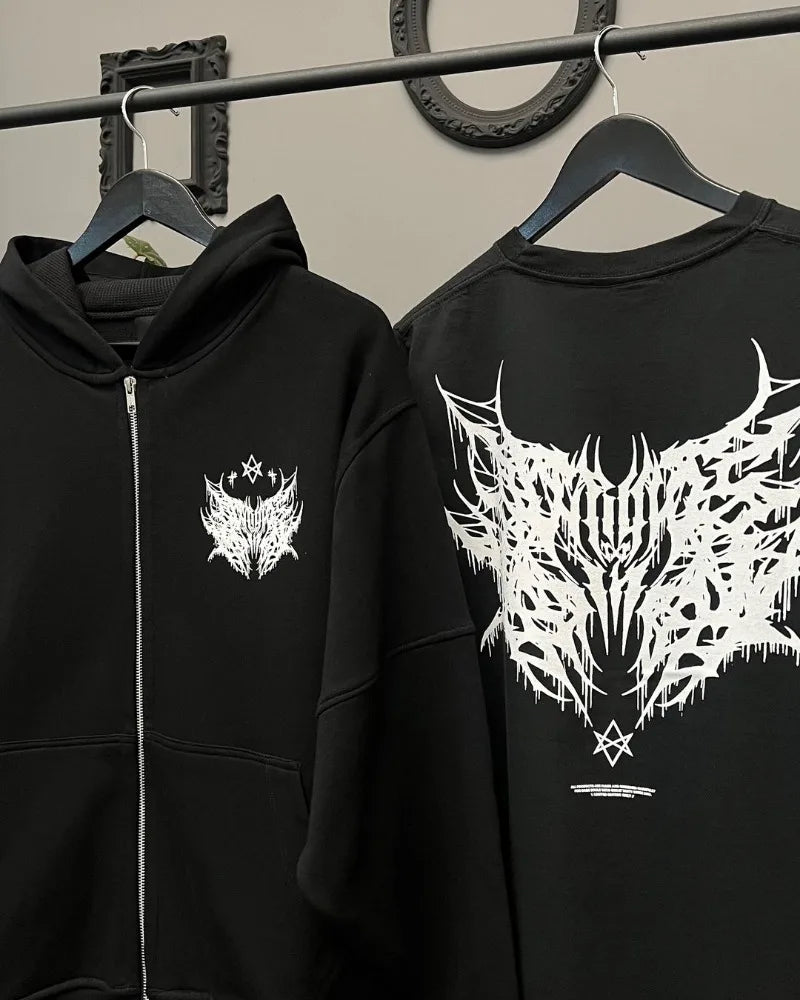 Y2k American Hip-hop Rock Dark Style Oversized Hoodie Men Street Harajuku Retro Casual All-match Zipper Sweatshirt Women Street King Limited