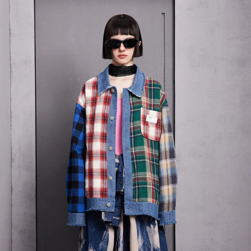 men hip hop denim jacket plaid patchwork oversized harajuku y2k unisex jeans jackets 2023 man fashion causal jacket outwear stacked flare jeans