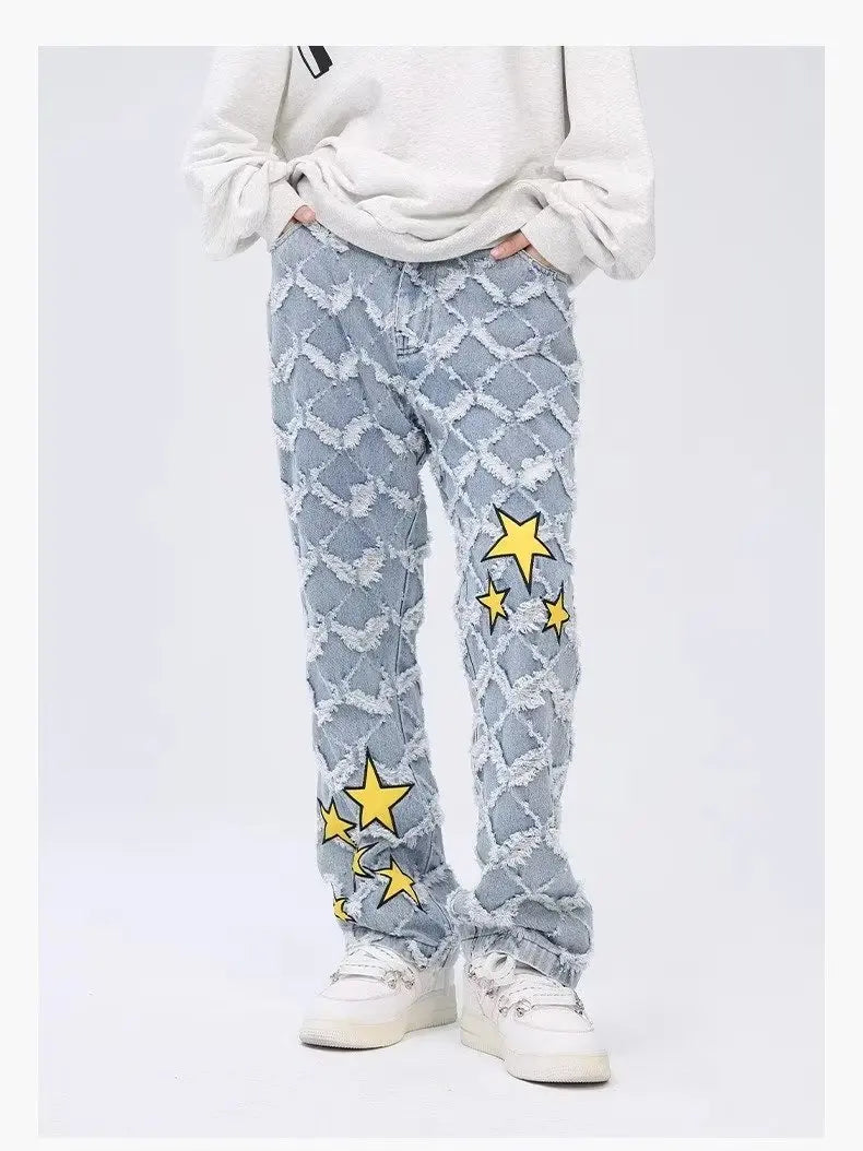 Y2K Star Embroidery Plaid Stacked Jeans Pants for Men Straight Women Hip Hop Denim Trousers Pantalon Homme Street Raw Edge Pant Street King Limited