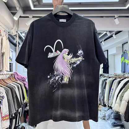 Cartoon Anime Pattern Printing Vintage Make Old T Shirt Men Woman Loose Chaopai Streetwear Short Sleeve Top Tees Street King Limited