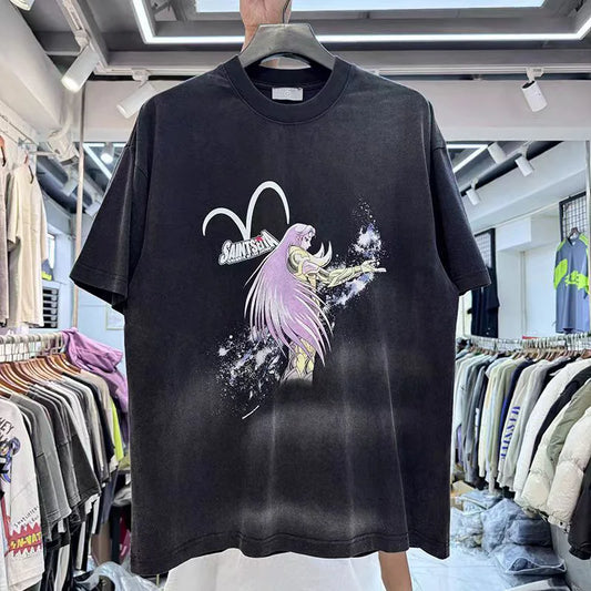 Cartoon Anime Pattern Printing Vintage Make Old T Shirt Men Woman Loose Chaopai Streetwear Short Sleeve Top Tees Street King Limited