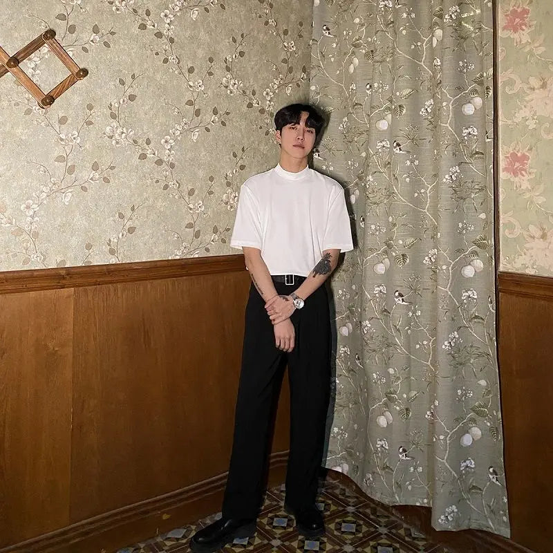 Korean style high-end half turtleneck short-sleeved summer T-shirt for men loose ice-sleeved bottoming shirt y2k trendy ins top Street King Limited