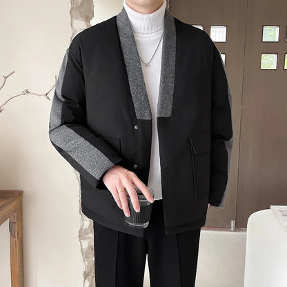 2024 Winter Collarless Cotton-padded Jacket Men Japanese Korean Fashion Loose Casual Thicken Warm Parkas Jacket Cityboy Coat Street King Limited
