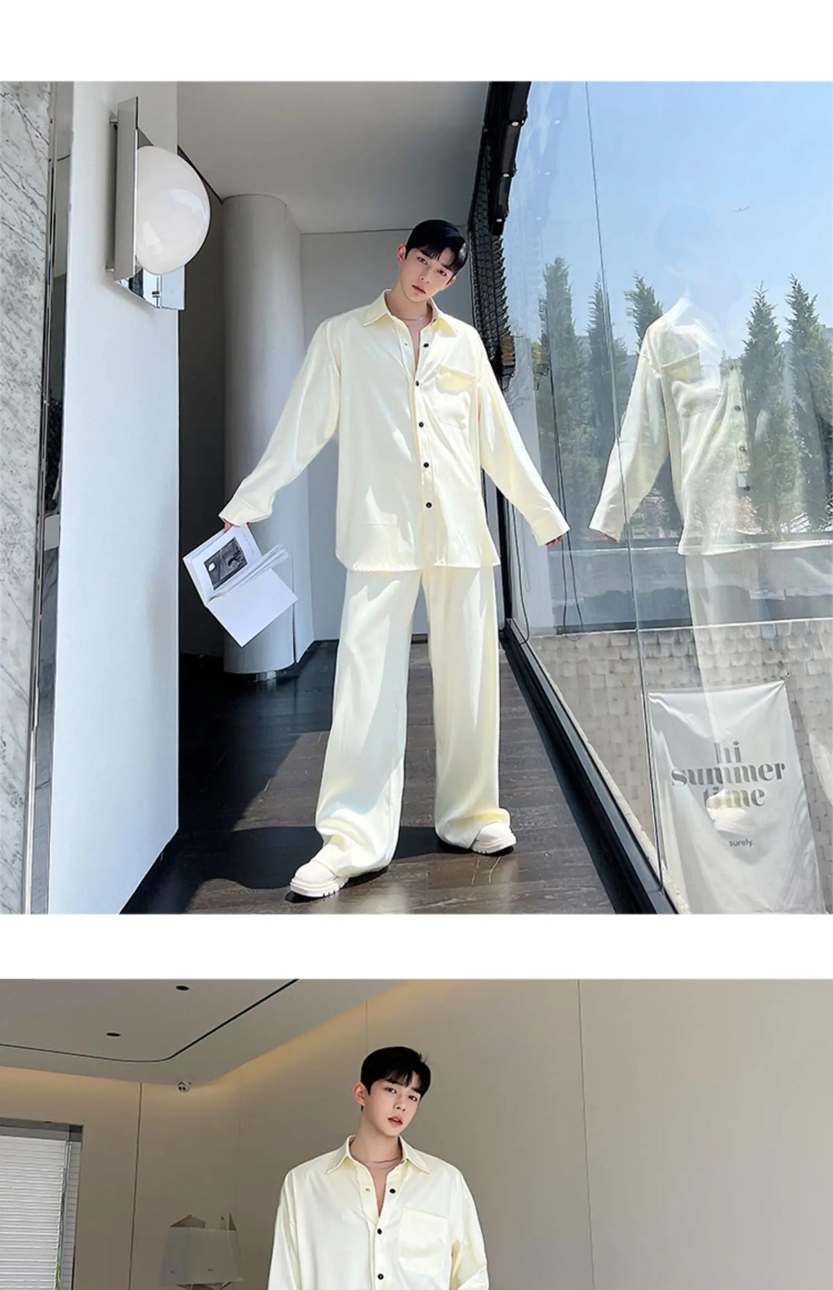 men silk style streetwear fashion loose casual long sleeve shirts pants 2 pieces sets male vintage suits blouses trousers unique default style 2748