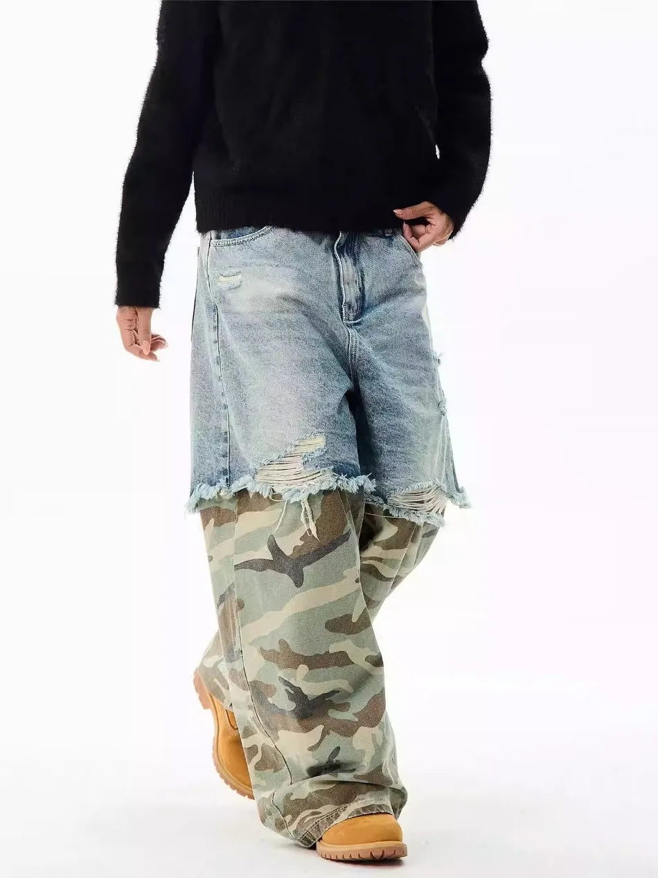 Camouflage Patchwork Jeans Mens Fake Two Items Street Punk Unisex Denim Pants Multiple Pockets Blue Size S-3XL Cowboy Trousers Street King Limited