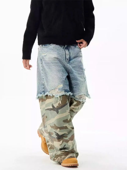 Camouflage Patchwork Jeans Mens Fake Two Items Street Punk Unisex Denim Pants Multiple Pockets Blue Size S-3XL Cowboy Trousers Street King Limited