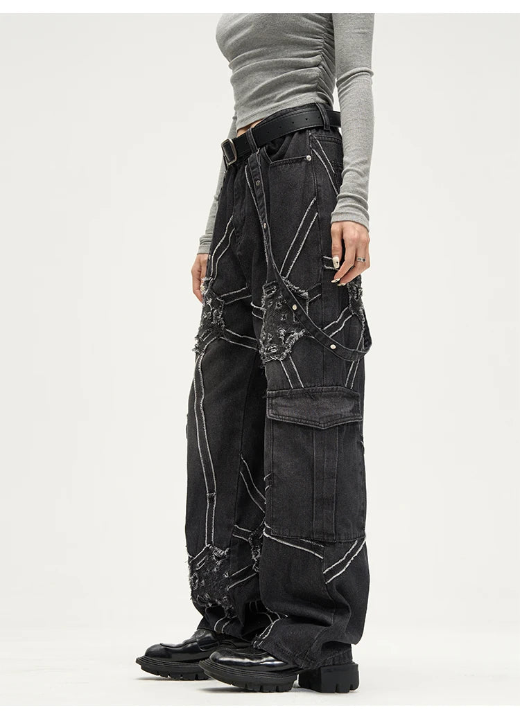 punk belt denim jeans pants women harajuku streetwear side pocket cotton men unisex casual baggy joggers straight pants trousers unique joggers style 3359