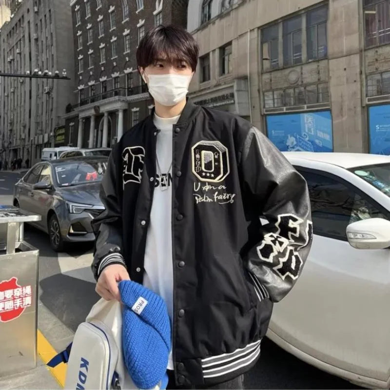 american retro mens baseball uniform street harajuku patchwork leather loose jackets color block towel embroidery trend coats menswear bottoms