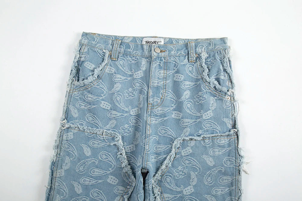 y2k frayed urban cashew flower full print patchwork baggy flare jeans for men straight pantalones hombre oversize denim trousers unique jeans style 3507
