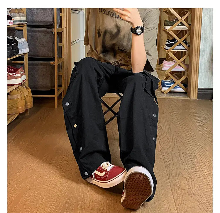 Fashionable Korean style gothic buttoned overalls pants men summer Harajuku street y2k hip hop casual retro sports pants Street King Limited