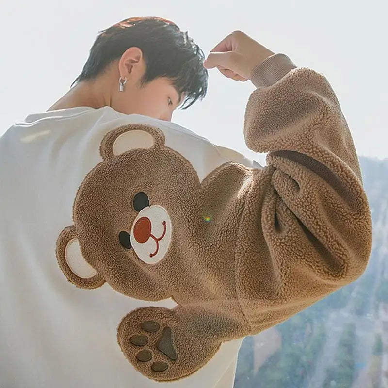 Long-sleeved Round Neck Sweater Lamb Hair Embroidery Flocking Sweater Loose Warm Winter Men's Bear Street King Limited