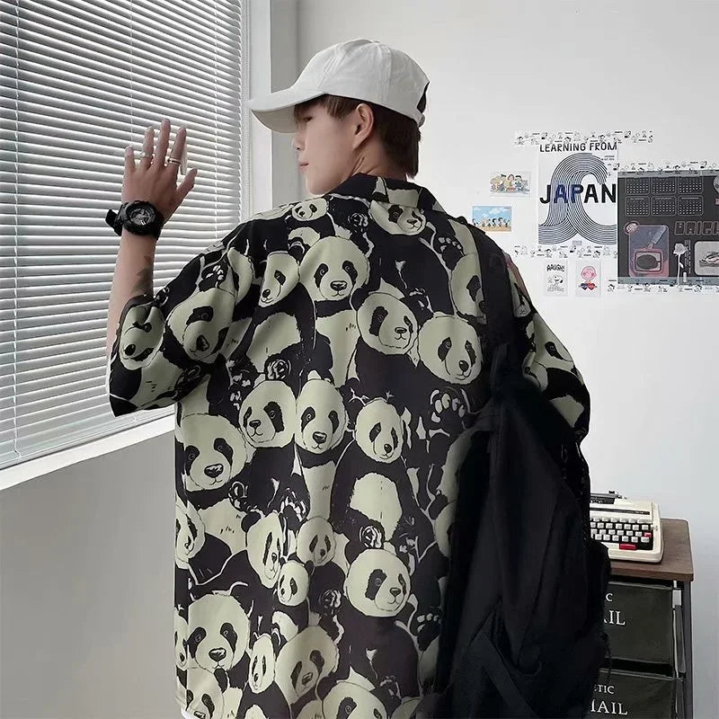 Streetwear Summer Panda Printed Shirts For Men Casual Loose Short Sleeved Camisas Summer Panda Printed Shirts For Men Casual Loose Short Sleeved Camisas Couples Streetwear Fashion Tee Shirt Luxury Social Shirt Fashion Sweater Jacket With Graphic Design For Men