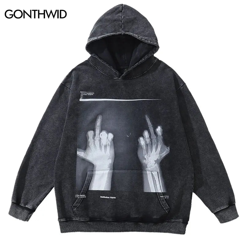 Hip Hop Hoodie Streetwear Vintage Skeleton Skull Print Oversize Punk Gothic Hooded Sweatshirt Harajuku Casual Loose Washed Tops Street King Limited