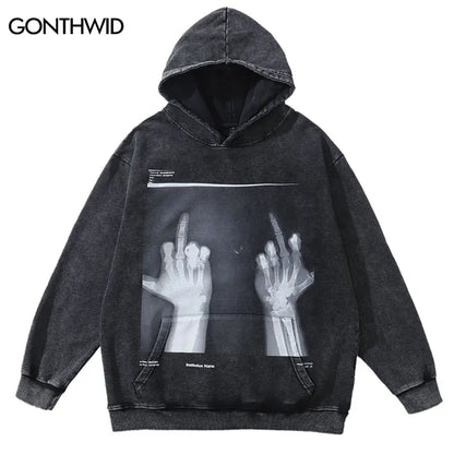 Hip Hop Hoodie Streetwear Vintage Skeleton Skull Print Oversize Punk Gothic Hooded Sweatshirt Harajuku Casual Loose Washed Tops Street King Limited
