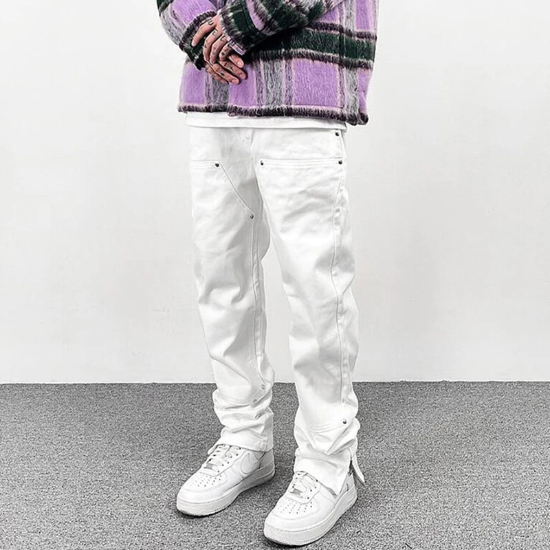 harajuku ankle zipper solid color straight casual mens cargo pants retro high street pockets hip hop baggy oversized trousers combat utility trousers