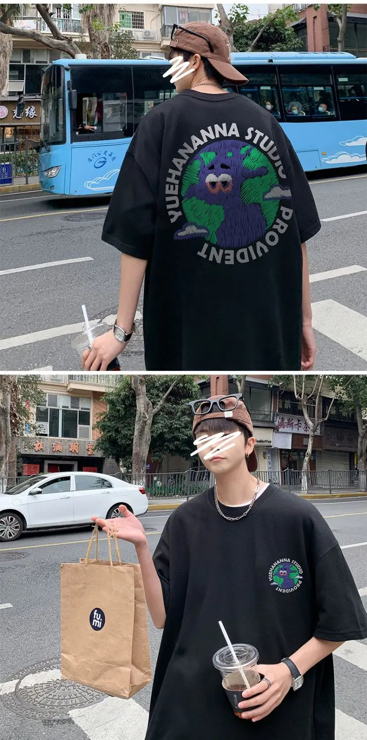 Pure cotton T-shirt men's new loose oversize short top summer tight Hong Kong style round neck American ins short sleeves tops Street King Limited