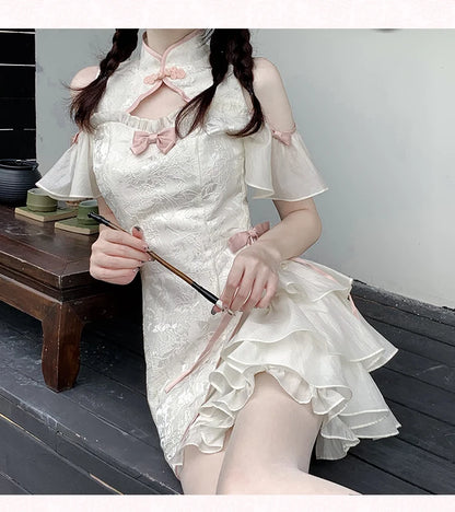 Vintage Chinese Style Cheongsam High Split Mini Dress 2024 Tie Dye Gothic Women Aesthetic Bandage Dresses Y2k Sexy Bodycon Robe Street King Limited