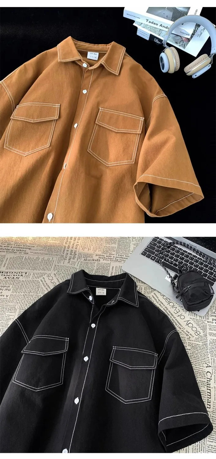 Retro trendy and personalized unisex style short sleeved men and women summer Korean street loose lapel couple work top y2k Street King Limited