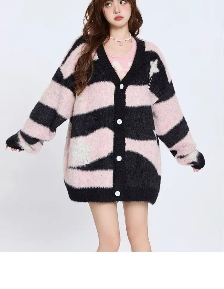 Knitted Cardigan Sweater Men Women Autumn Patchwork Knitted Jumpers Harajuku Loose Hip Hop Streetwear Y2K Star Pattern Jackets Street King Limited