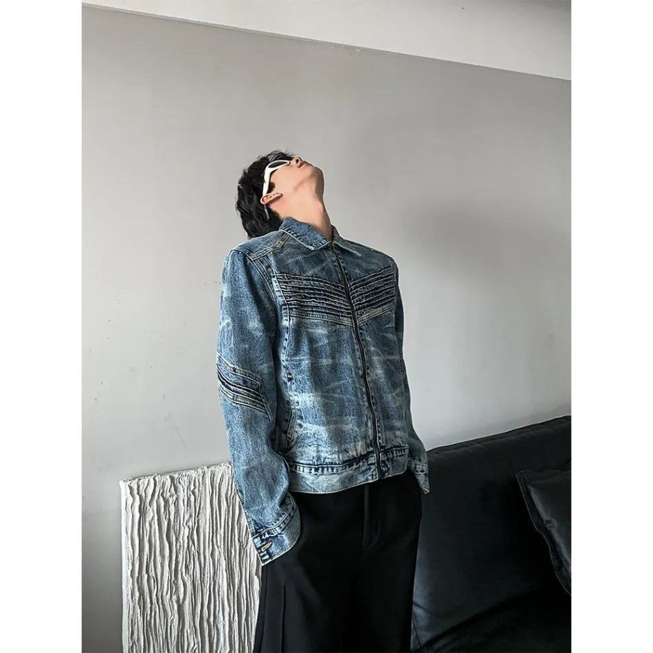 vintage washed mens denim jacket heavy weight high street contour pleat design cowboy coats short motorcycle hip hop outwear unique jeans style 3697