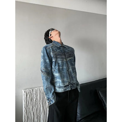 vintage washed mens denim jacket heavy weight high street contour pleat design cowboy coats short motorcycle hip hop outwear unique jeans style 3697