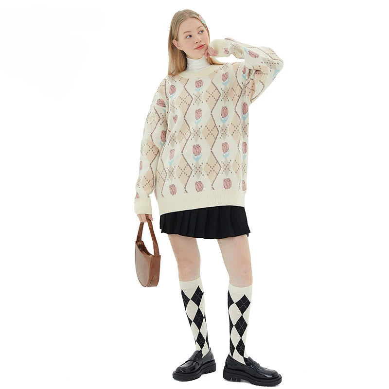 Japanese trend ins retro literary simple sweater winter versatile casual couple Y2K men and women loose round neck sweater tops Street King Limited