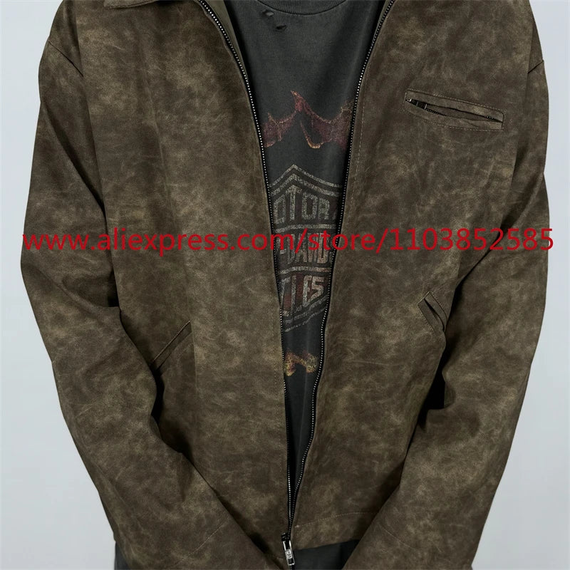 autumn and winter vintage long sleeved leather jacket american heavy duty motorcycle high street short style distressed lapel drawstring street shorts