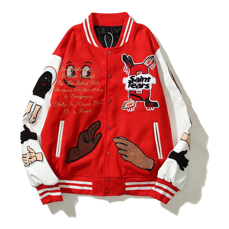 high street color block graffiti embroidery baseball jacket mens leather sleeve woolen patchwork stand oversized winter coats unique default style 923