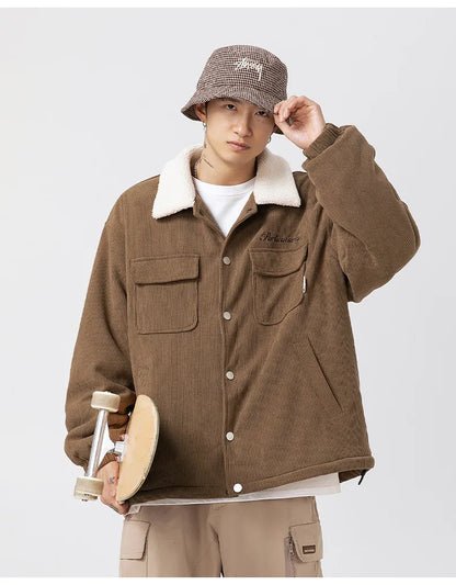 fashion men lamb fleece polo collar cotton padded coat winter embroidery loose thicken warm corduroy wadded jacket male outwear unique default style 6037