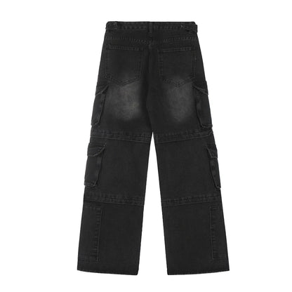 vintage multi pocket jeans mens harajuku cargo denim pants retro hip hop straight loose jean pants men clothing unique cargo style 584