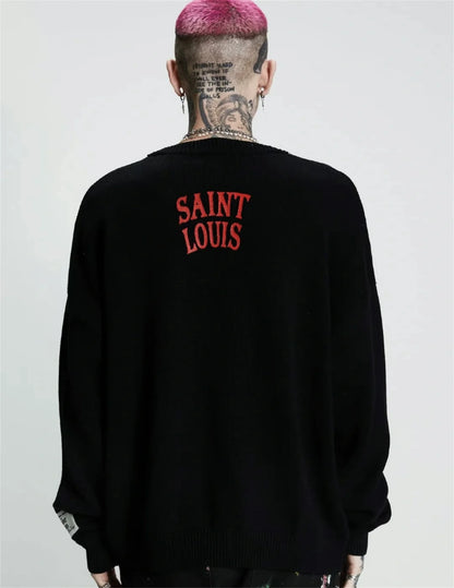 Vintage New Arrival SSSAINT LOUIS Rose Skull Hand-painted High-Street Cotton Casual Pullover Round Neck Sweater Street King Limited