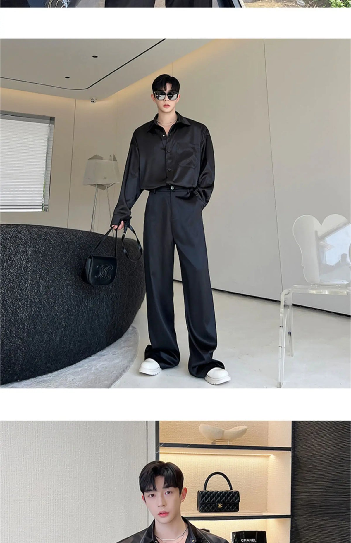 men silk style streetwear fashion loose casual long sleeve shirts pants 2 pieces sets male vintage suits blouses trousers unique default style 2743