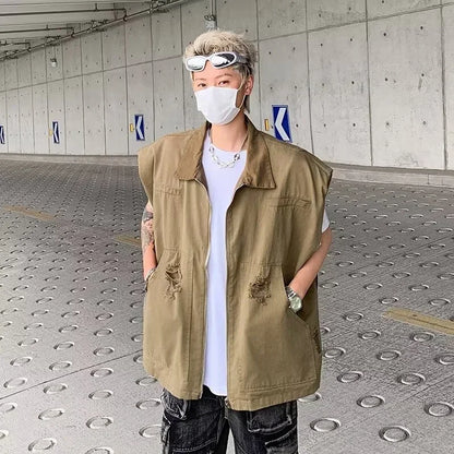 autumn mens zipper sleeveless denim jackets outwear streetwear khaki cargo vest coats 2024 new hip hop fashion working clothes military streetwear pants