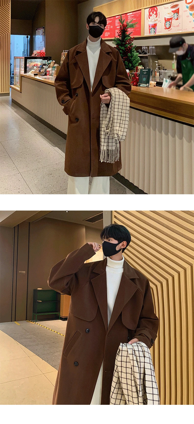 Men's Autumn Winter Mid Length Woolen Coat New Korean Tide Black Thickned Overcoat Long Sleeve Double-breasted Jackets Street King Limited
