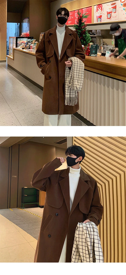 Men's Autumn Winter Mid Length Woolen Coat New Korean Tide Black Thickned Overcoat Long Sleeve Double-breasted Jackets Street King Limited