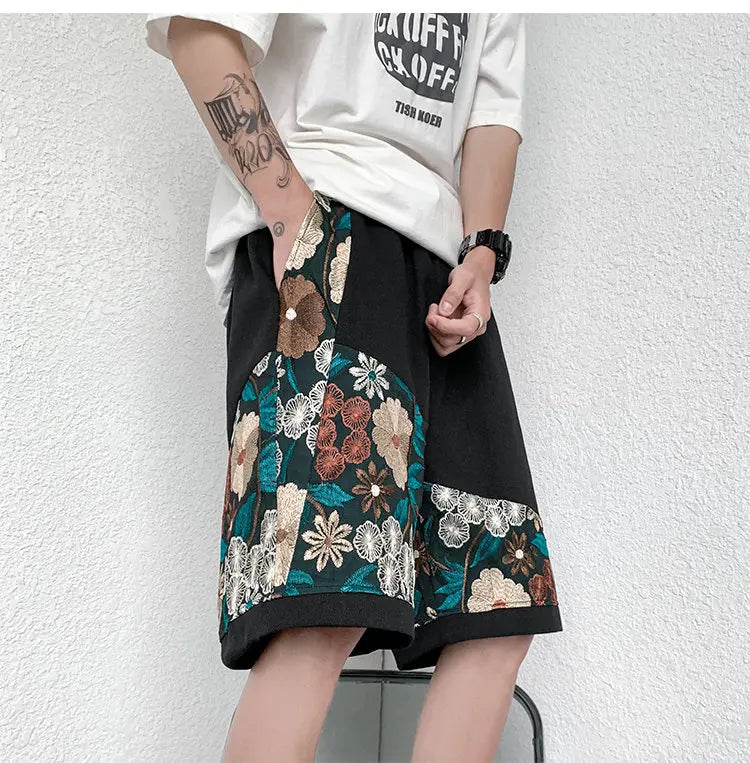 Summer Embroidery Shorts Men Fashion Casual Flower Shorts Mens Japanese Streetwear Loose Hip-hop Straight Shorts Men Plus Size Street King Limited