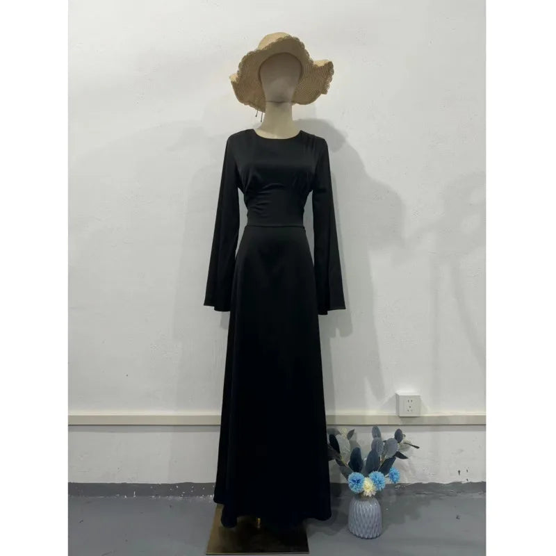 2024 Women Satin Long Dresses Sexy Lace Up Slim Evening Dresses Simple Round Neck Flare Sleeve Birthday Party Dresses For Women Street King Limited