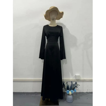 2024 Women Satin Long Dresses Sexy Lace Up Slim Evening Dresses Simple Round Neck Flare Sleeve Birthday Party Dresses For Women Street King Limited