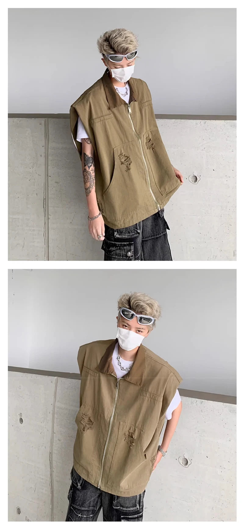 autumn mens zipper sleeveless denim jackets outwear streetwear khaki cargo vest coats 2024 new hip hop fashion working clothes unique cargo style 11