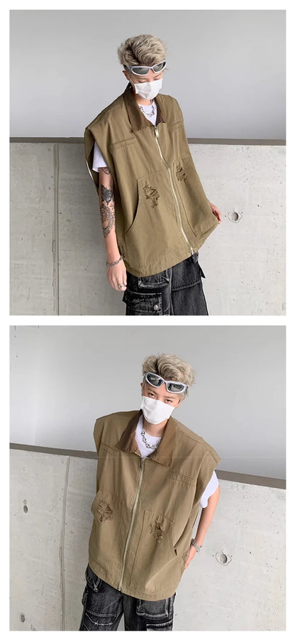 autumn mens zipper sleeveless denim jackets outwear streetwear khaki cargo vest coats 2024 new hip hop fashion working clothes unique cargo style 11