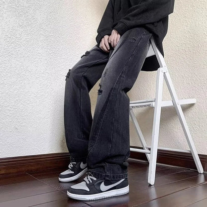 summer high street ripped jeans mens hip hop vintage design punk denim trousers hombre harajuku fashion casual y2k baggy jean stacked flare jeans