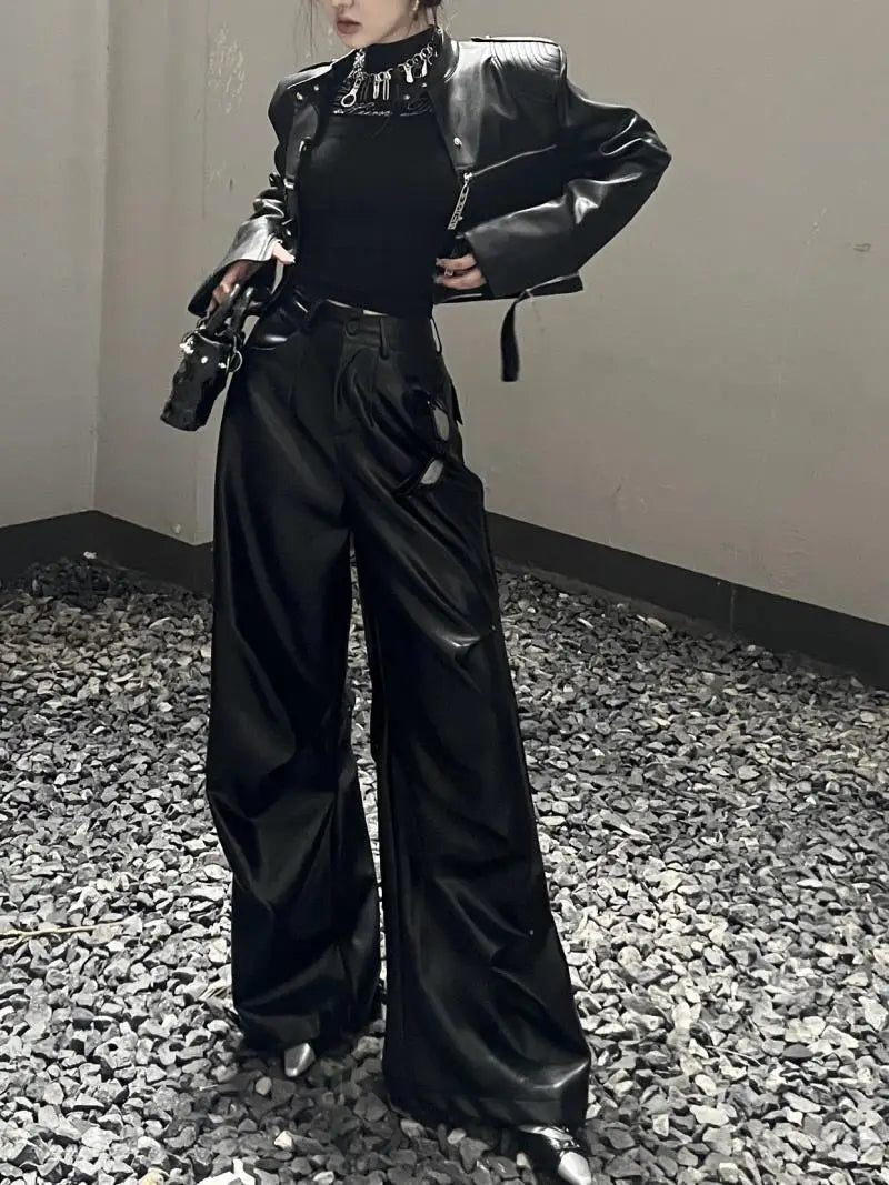 european and american heavy industry multi zipper design spider web shoulder pad leather jacket for women 2024 new jacket top unique default style 1575