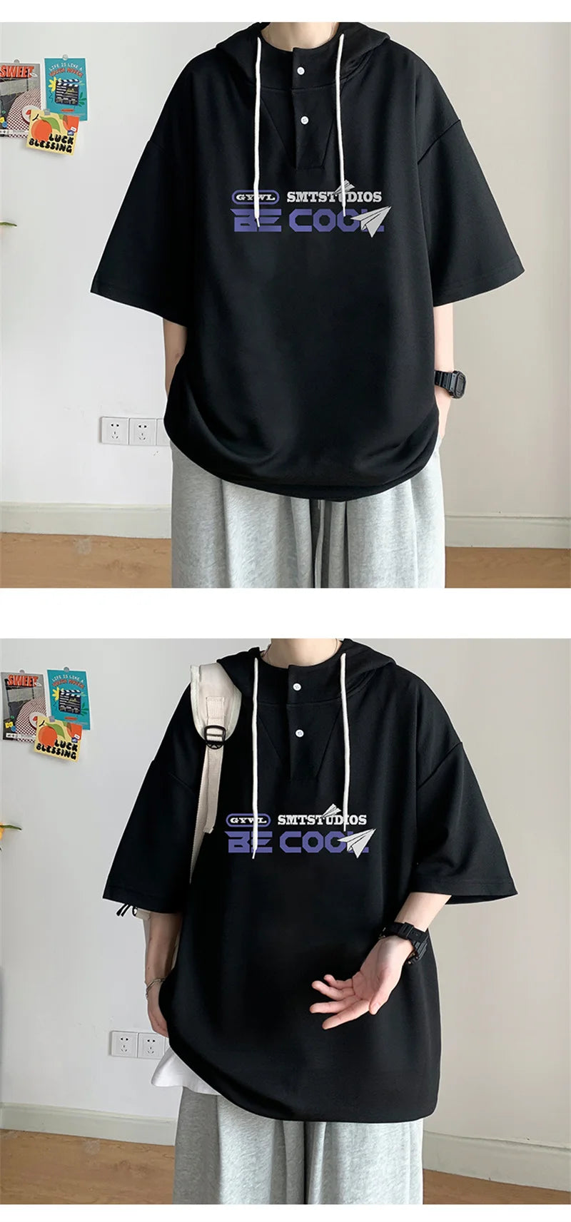 New Men's Casual Hooded Y2K T-Shirt Summer Short Sleeve Letter Printed T Shirts Hombre Oversized Hip Hop Fashion Gym Tee Tops Street King Limited