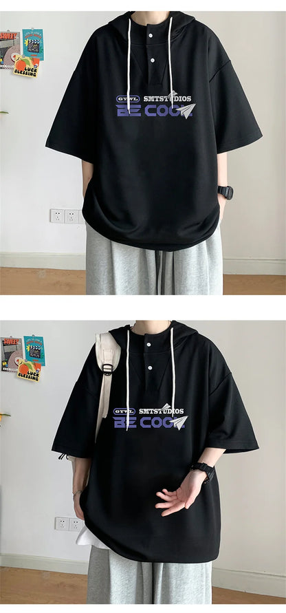 New Men's Casual Hooded Y2K T-Shirt Summer Short Sleeve Letter Printed T Shirts Hombre Oversized Hip Hop Fashion Gym Tee Tops Street King Limited