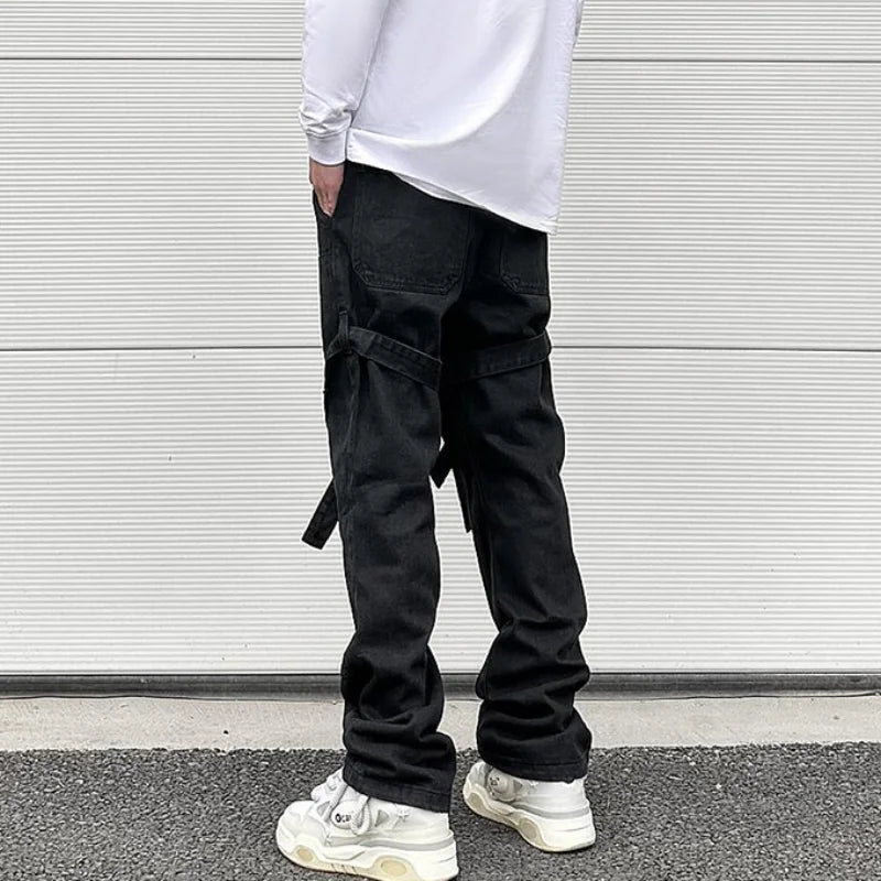fashion knee adjust belt decoration denim jeans zipper straight jeans hip hop streetwear mens casual loose joggers jeans pants sporty tapered joggers